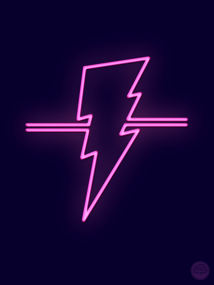 neon sign: a hot pink lighning bolt, glowing against a dark blue background